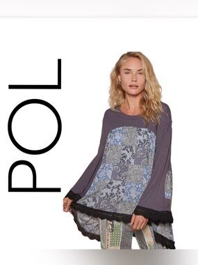 POL Charcoal and Sky Blue Patchwork Tunic NWOT